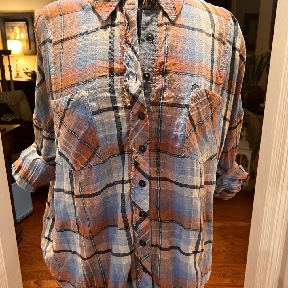 Free People Plaid Button Up Blouse Cotton Size Medium We the Free